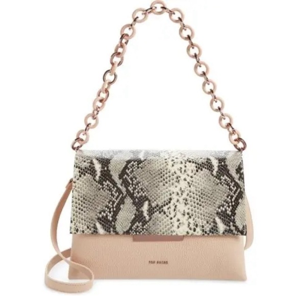 NWT Ted Baker Alani Snake Embossed Leather Shoulder Bag Taupe Pink Chain Cross - Picture 1 of 15